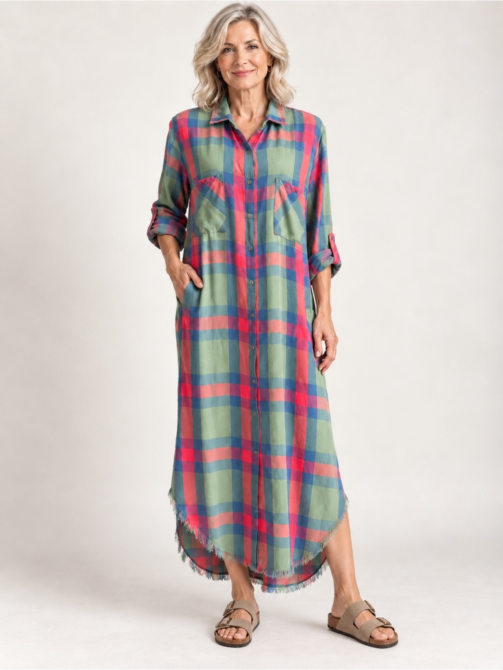Billy T Plaid High-Low Frayed Hem Maxi Shirt Dress L
